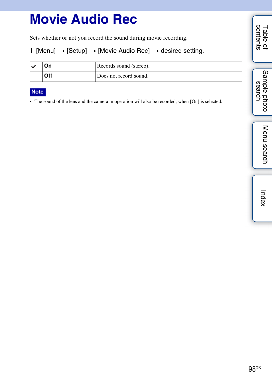 Movie audio rec | Sony NEX-3 User Manual | Page 98 / 159