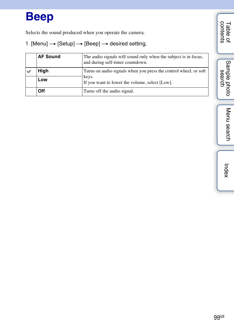 Beep | Sony NEX-3 User Manual | Page 99 / 159