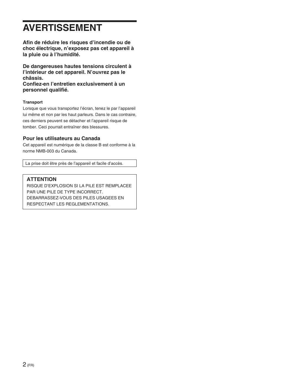 Avertissement | Sony FWD-42PX2 User Manual | Page 100 / 352