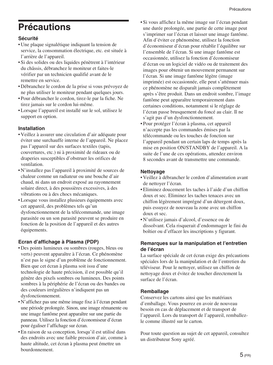 Précautions | Sony FWD-42PX2 User Manual | Page 103 / 352