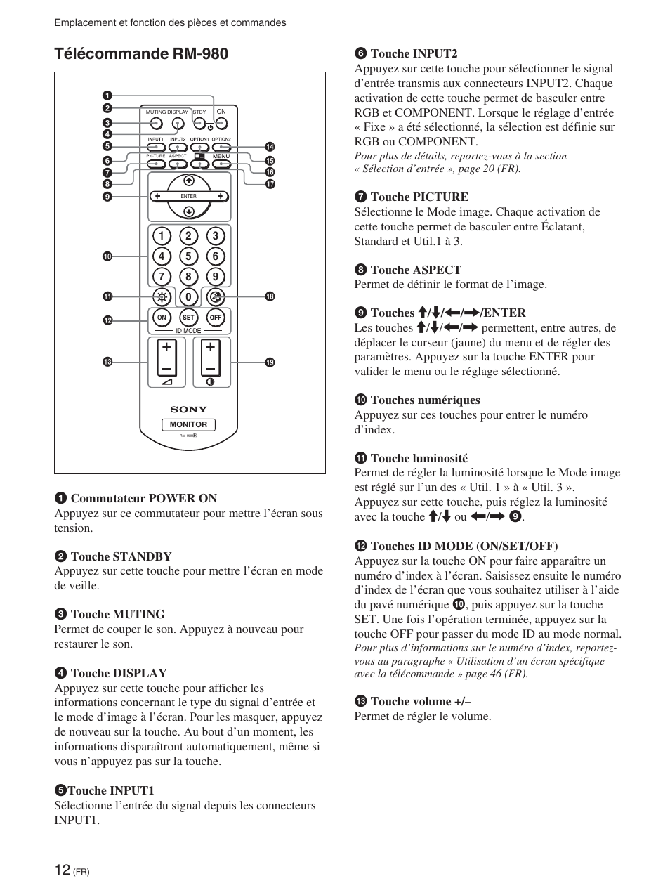 Télécommande rm-980 | Sony FWD-42PX2 User Manual | Page 110 / 352