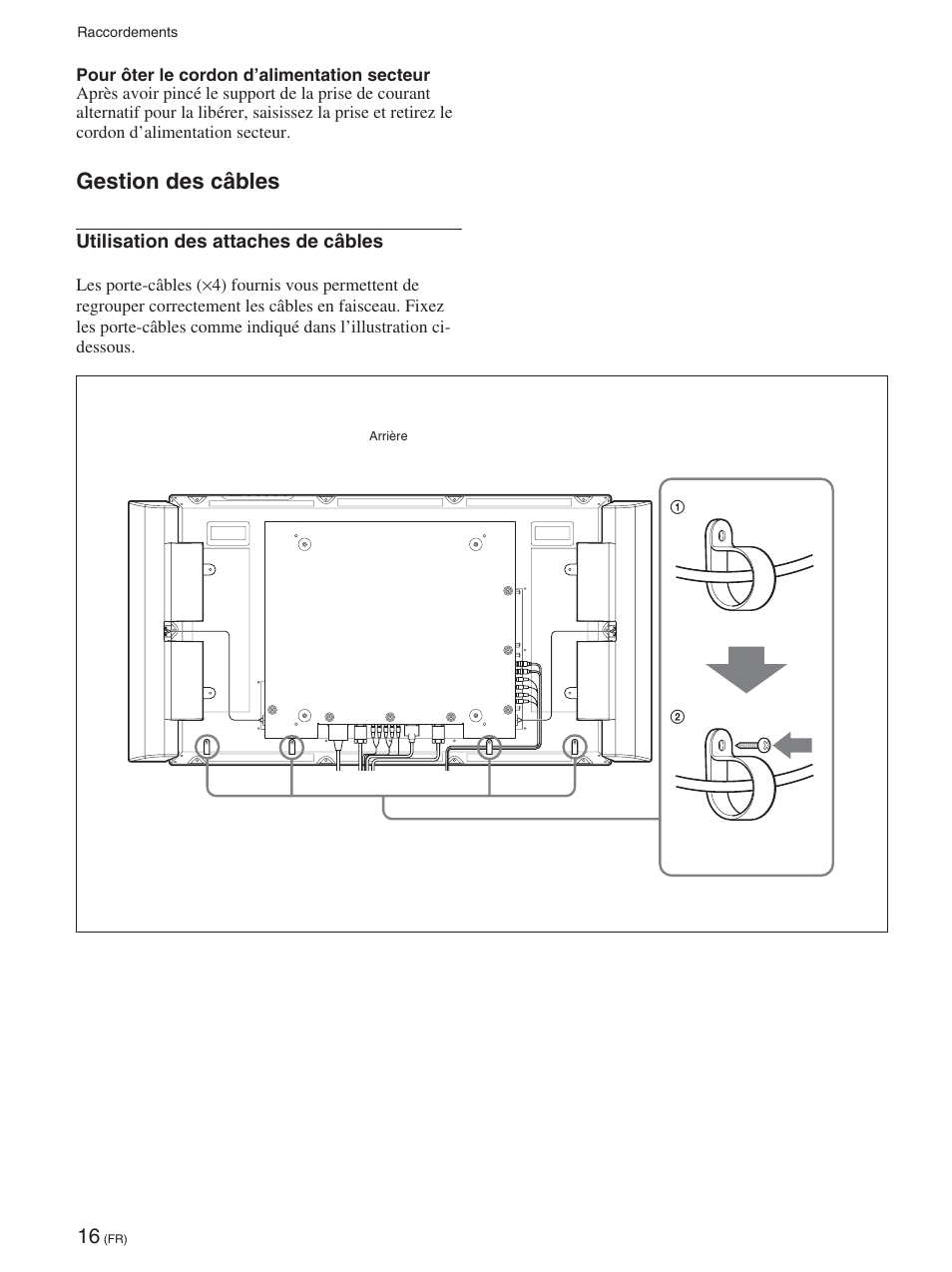 Gestion des câbles | Sony FWD-42PX2 User Manual | Page 114 / 352