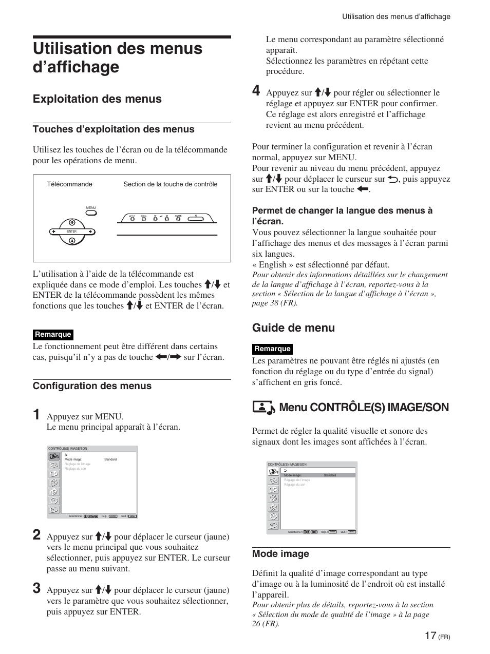 Utilisation des menus d’affichage, Exploitation des menus, Guide de menu | Menu contrôle(s) image/son, Touches d’exploitation des menus, Configuration des menus, Mode image | Sony FWD-42PX2 User Manual | Page 115 / 352