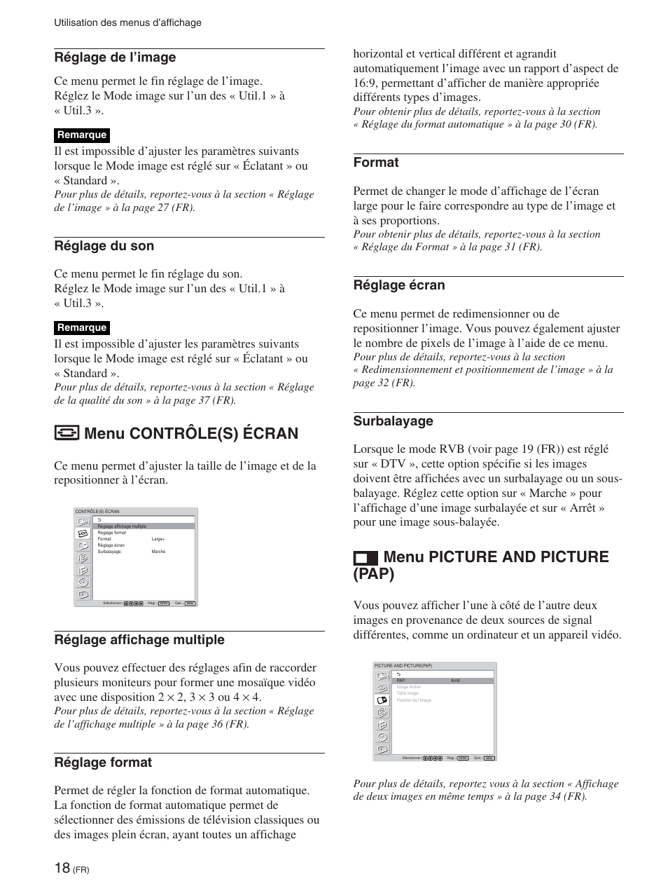 Menu contrôle(s) écran, Menu picture and picture (pap), Réglage de l’image | Réglage du son, Réglage affichage multiple, Réglage format, Format, Réglage écran, Surbalayage | Sony FWD-42PX2 User Manual | Page 116 / 352