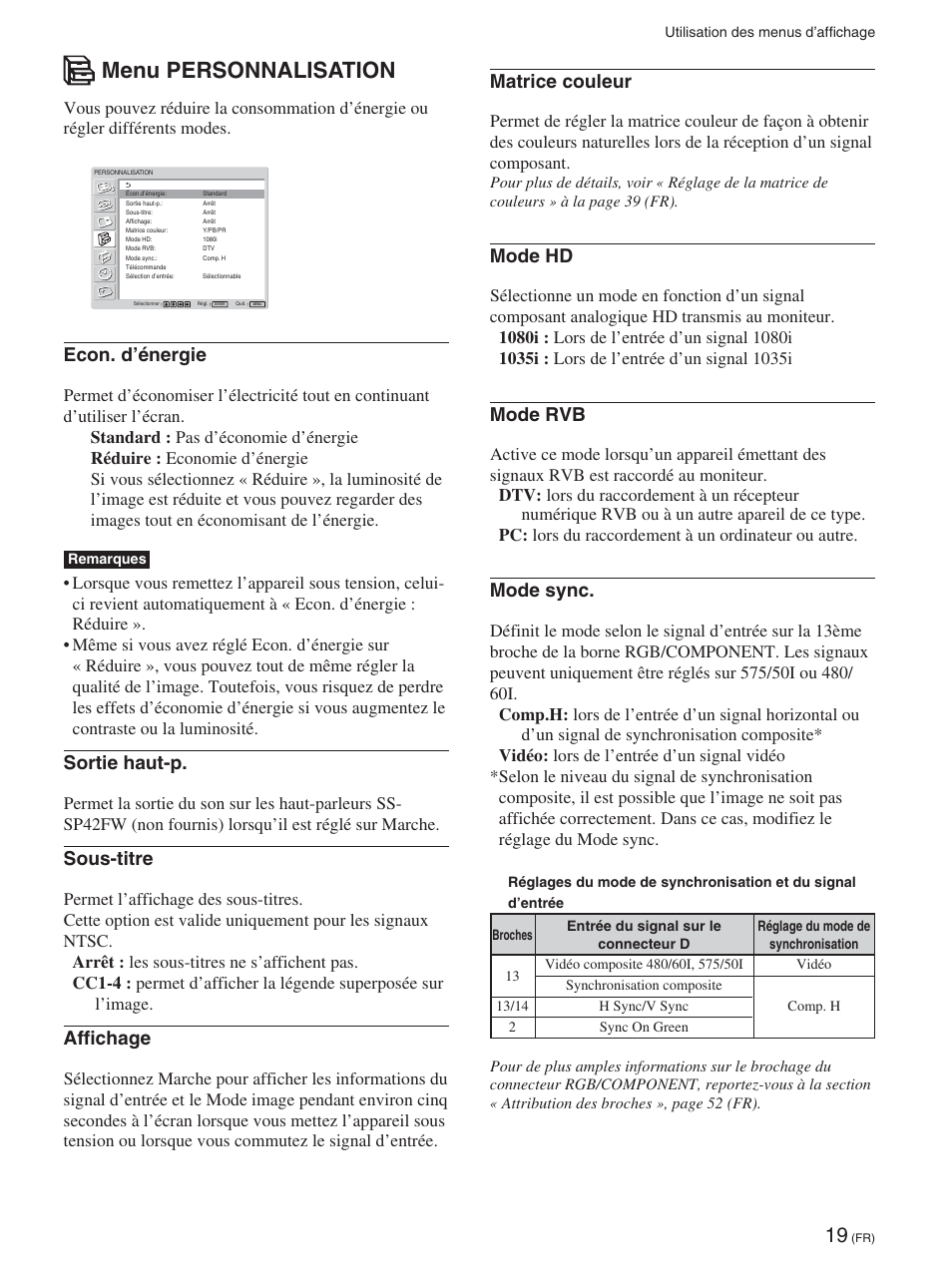 Menu personnalisation, Matrice couleur, Mode hd | Mode rvb, Mode sync, Econ. d’énergie, Sortie haut-p, Sous-titre, Affichage | Sony FWD-42PX2 User Manual | Page 117 / 352