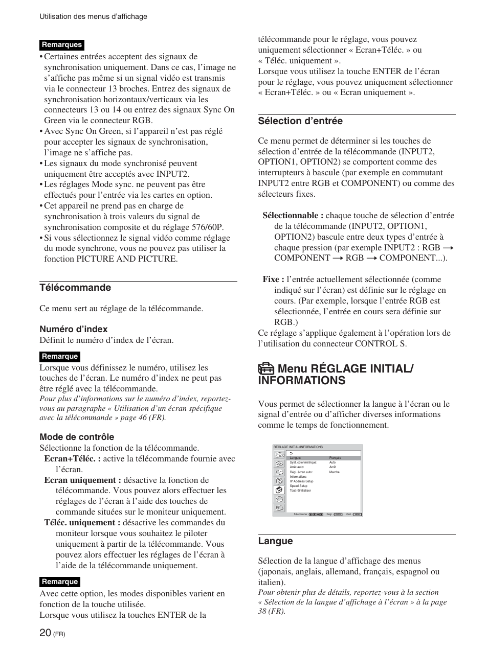 Menu réglage initial/ informations, Télécommande, Sélection d’entrée | Langue | Sony FWD-42PX2 User Manual | Page 118 / 352