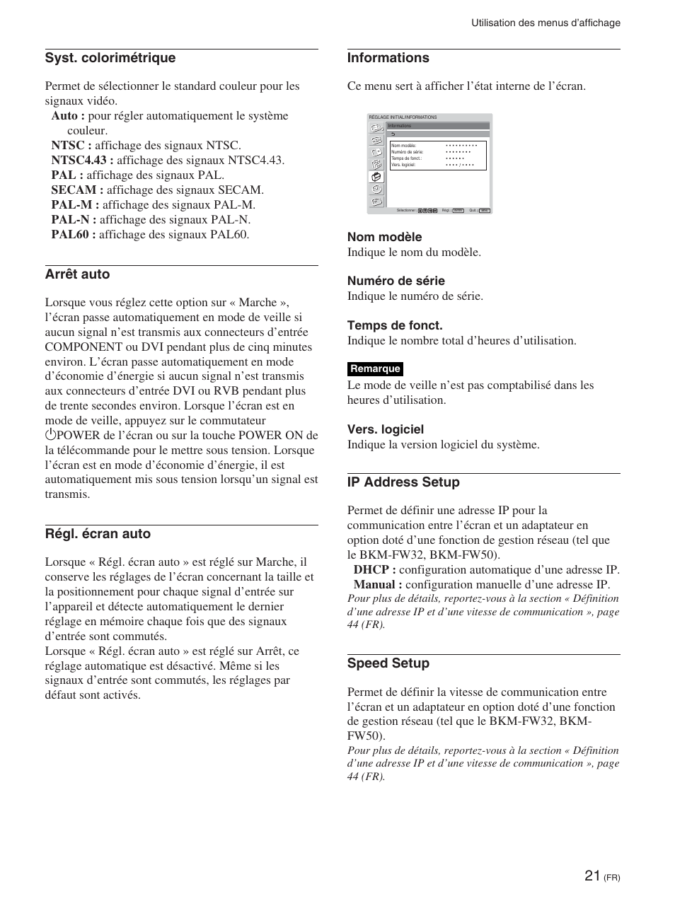 Syst. colorimétrique, Arrêt auto, Régl. écran auto | Informations, Ip address setup, Speed setup | Sony FWD-42PX2 User Manual | Page 119 / 352