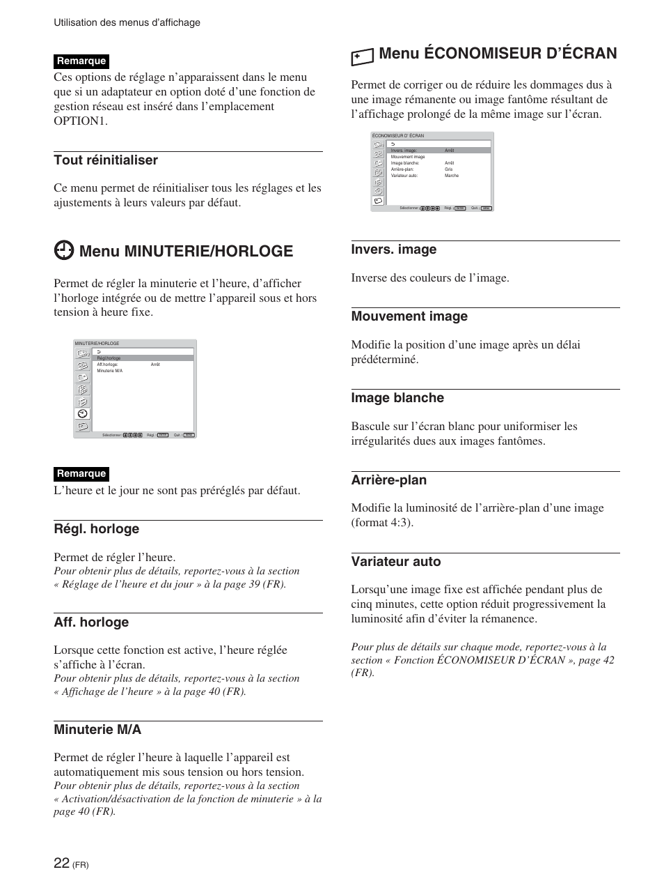 Menu minuterie/horloge, Menu économiseur d’écran, Tout réinitialiser | Régl. horloge, Aff. horloge, Minuterie m/a, Invers. image, Mouvement image, Image blanche, Arrière-plan | Sony FWD-42PX2 User Manual | Page 120 / 352