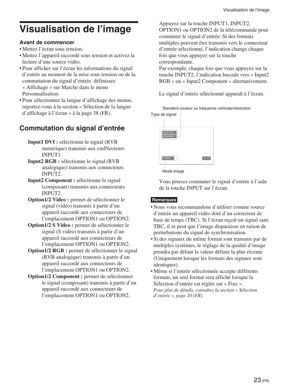 Visualisation de l’image, Commutation du signal d’entrée | Sony FWD-42PX2 User Manual | Page 121 / 352