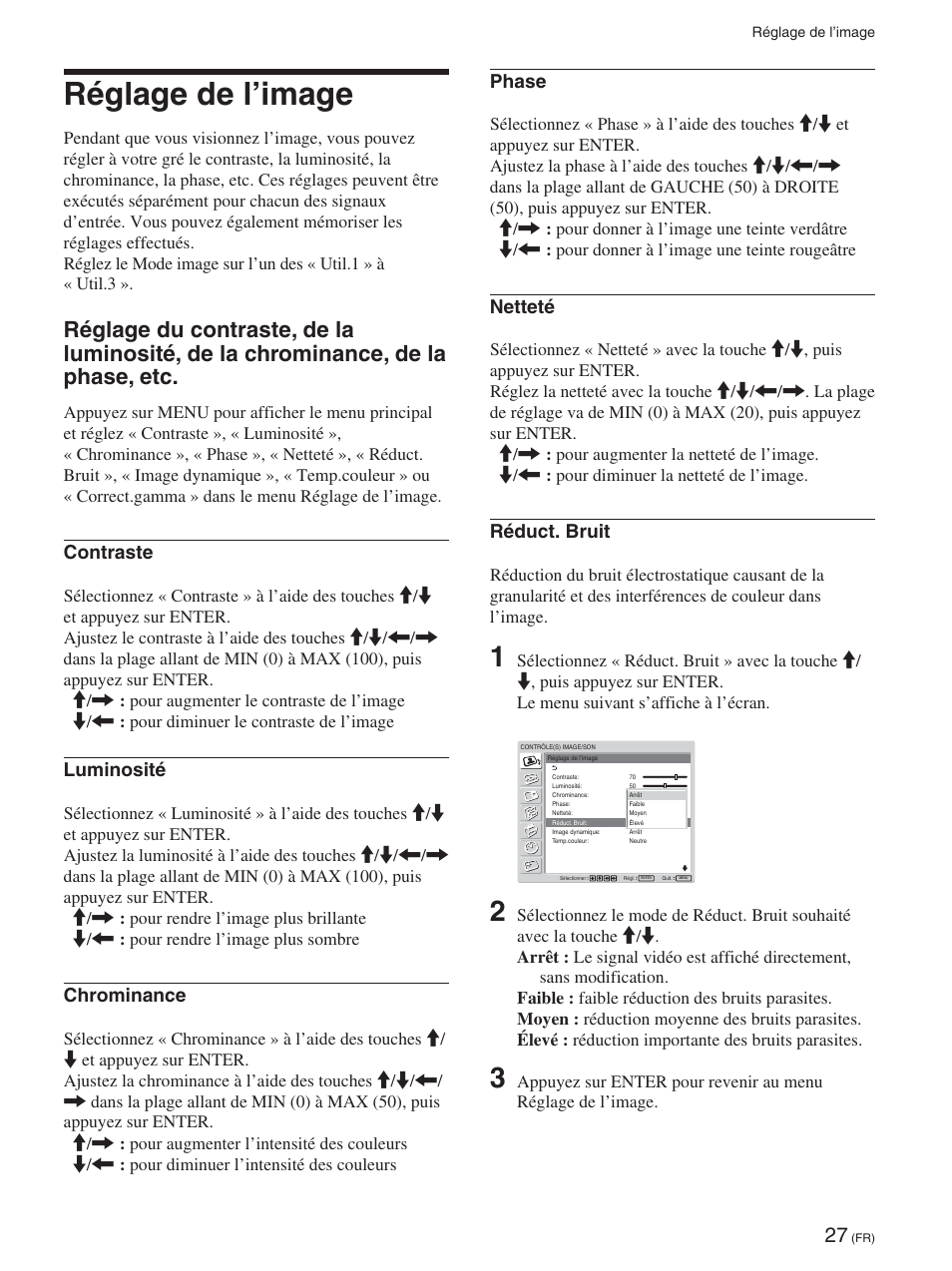 Réglage de l’image, Contraste, Luminosité | Chrominance, Phase, Netteté, Réduct. bruit | Sony FWD-42PX2 User Manual | Page 125 / 352