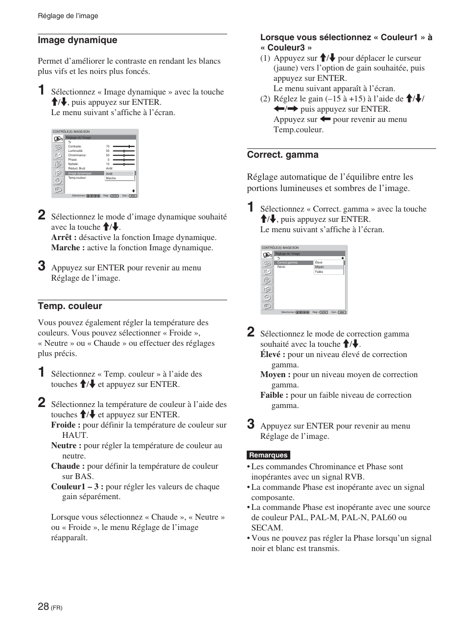 Image dynamique, Temp. couleur | Sony FWD-42PX2 User Manual | Page 126 / 352