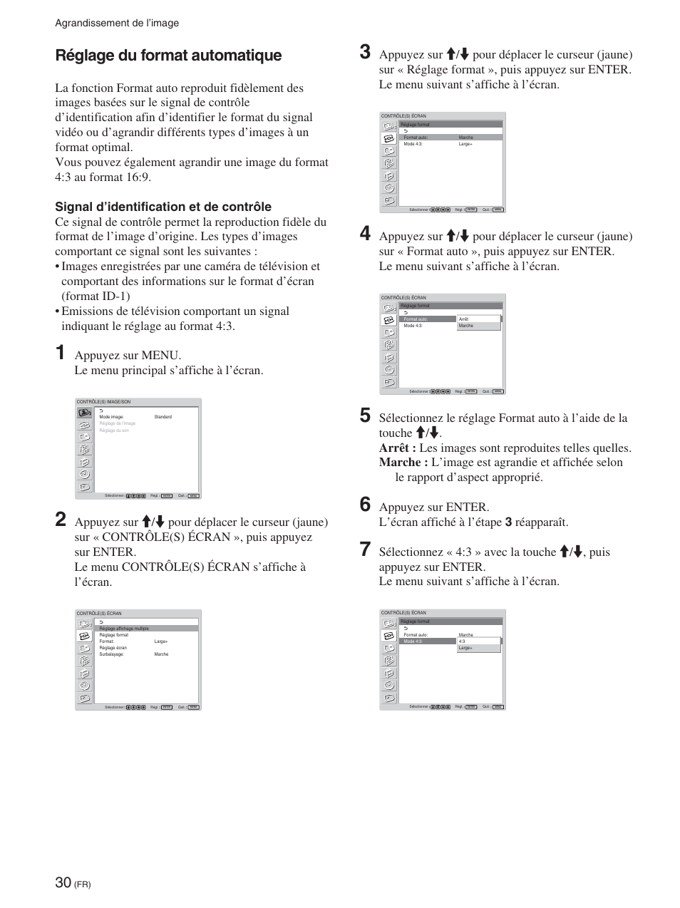 Réglage du format automatique, Agrandissement de l’image | Sony FWD-42PX2 User Manual | Page 128 / 352