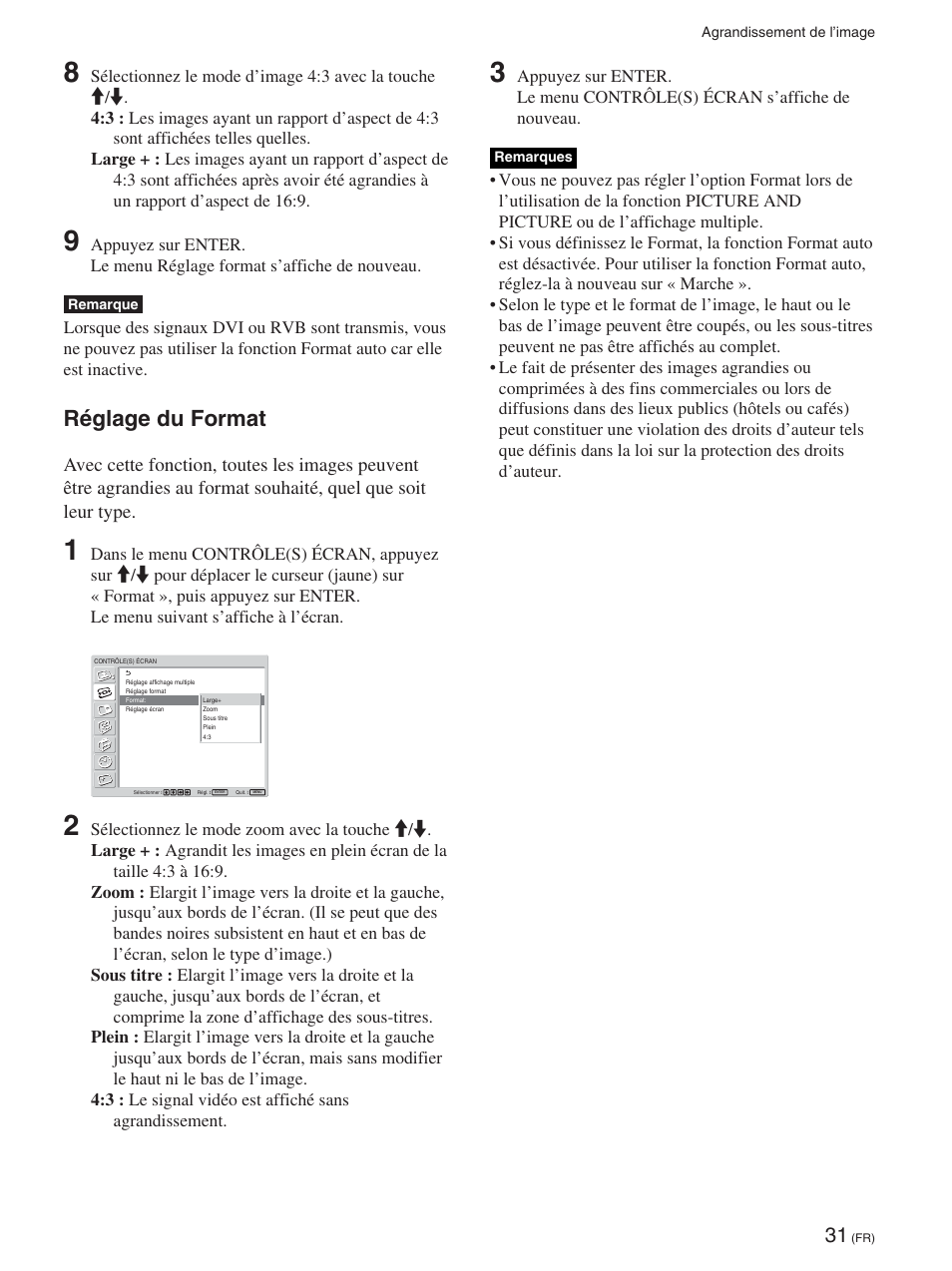 Réglage du format | Sony FWD-42PX2 User Manual | Page 129 / 352