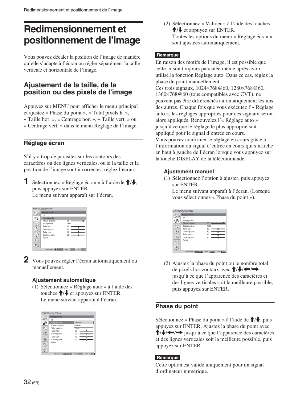 Redimensionnement et positionnement de l’image, Réglage écran, Phase du point | Remarque | Sony FWD-42PX2 User Manual | Page 130 / 352