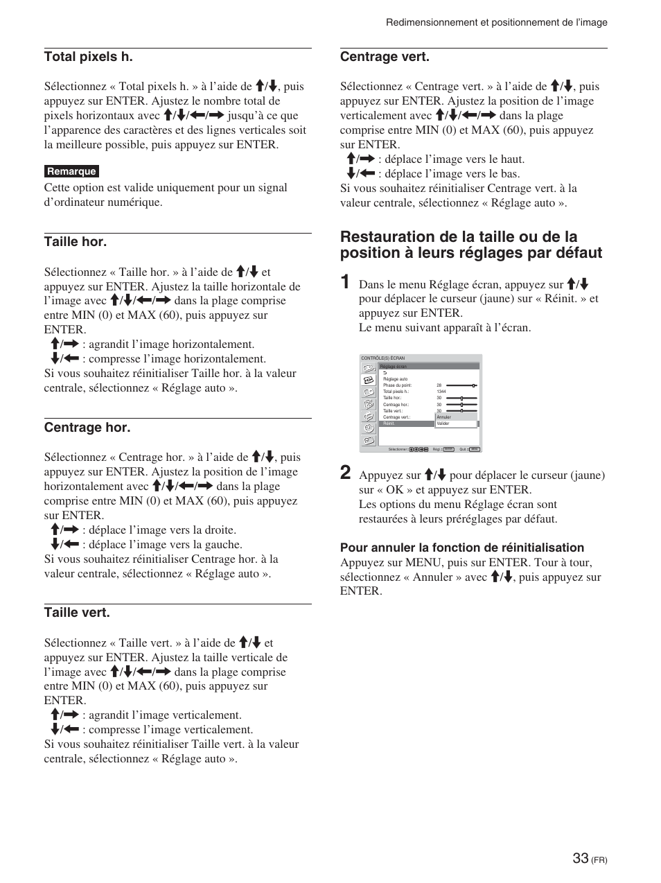 Total pixels h, Taille hor, Centrage hor | Taille vert, Centrage vert | Sony FWD-42PX2 User Manual | Page 131 / 352