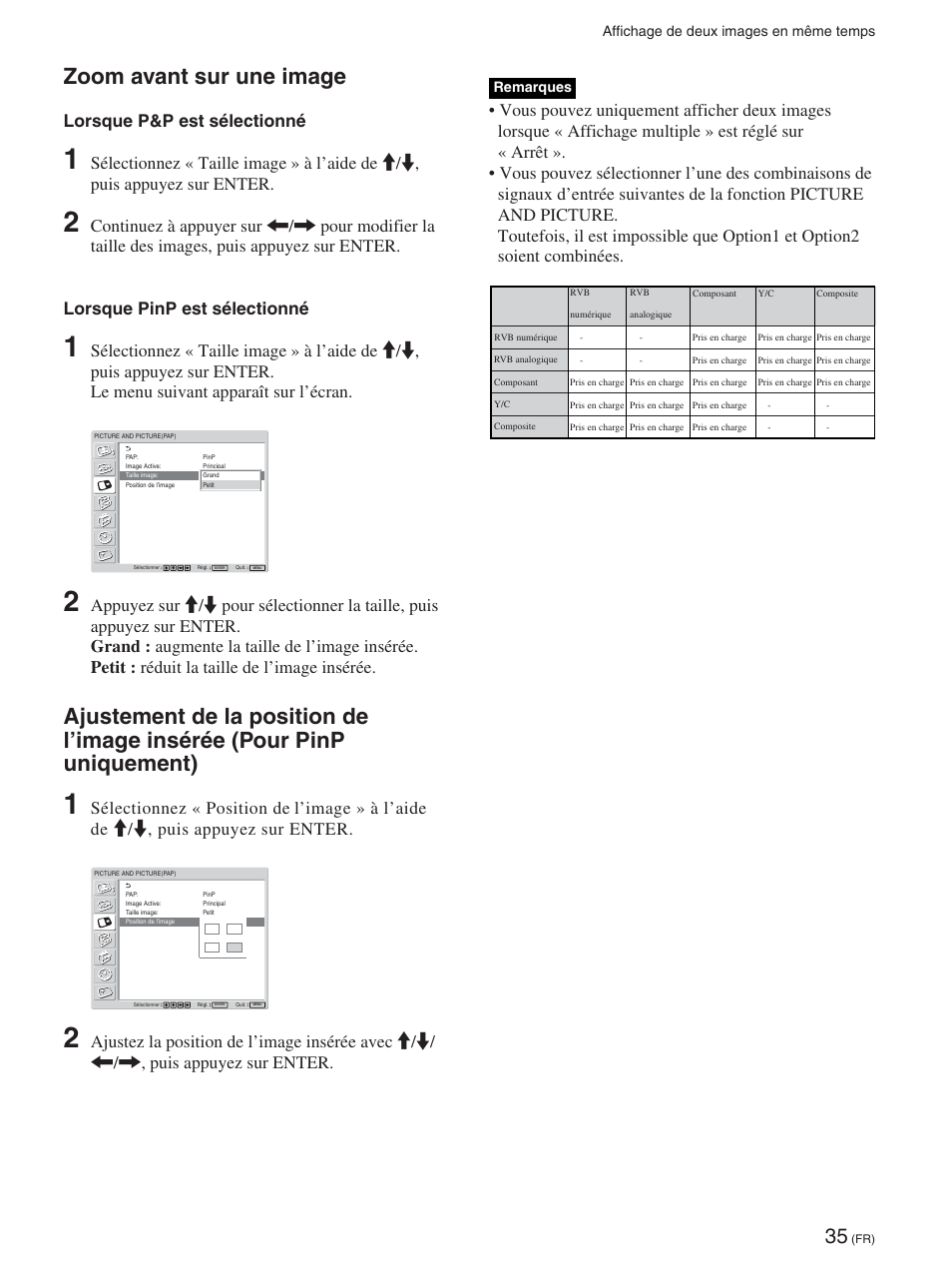 Zoom avant sur une image, Lorsque p&p est sélectionné | Sony FWD-42PX2 User Manual | Page 133 / 352