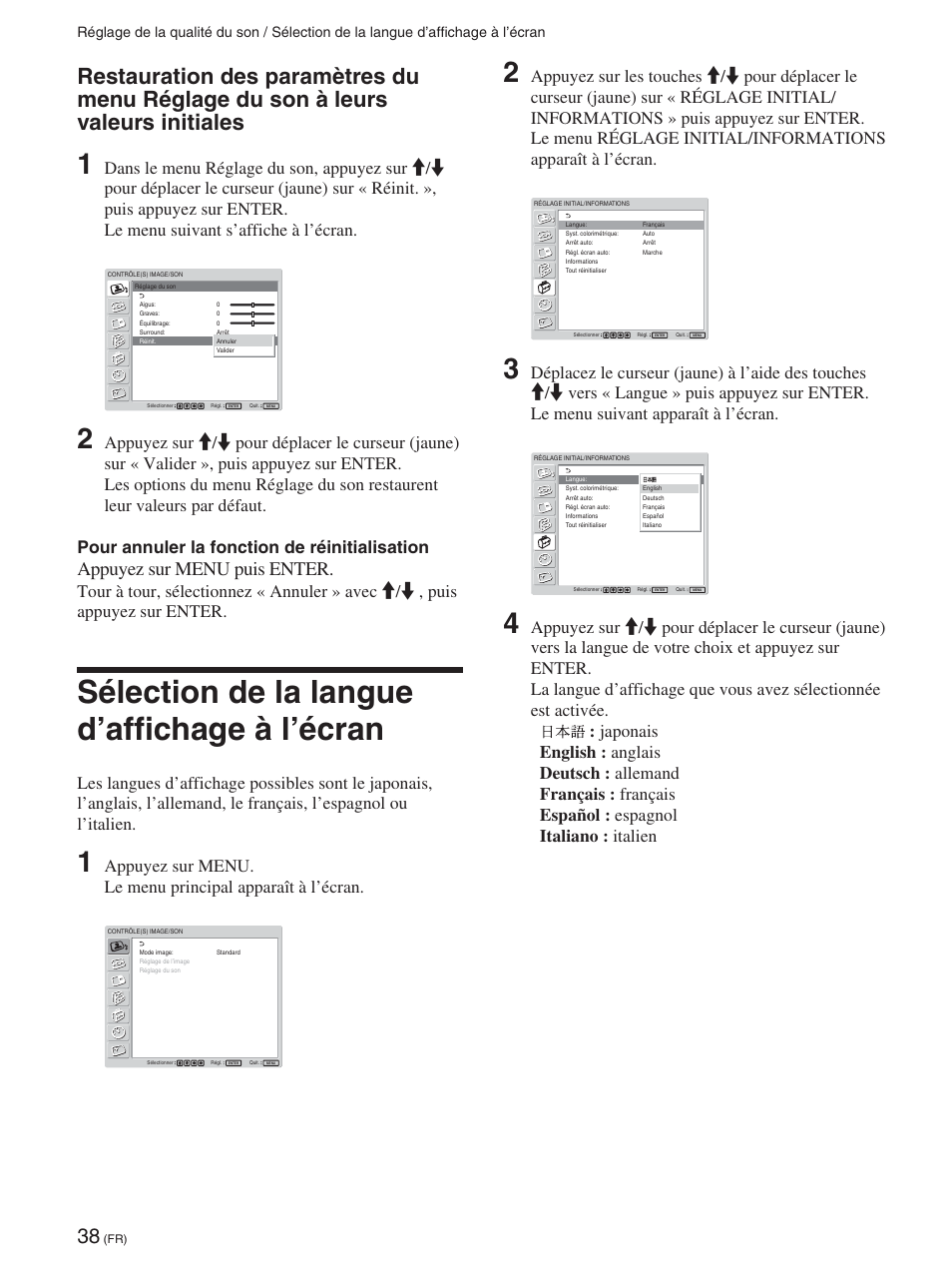 Sélection de la langue d’affichage à l’écran, Appuyez sur menu puis enter | Sony FWD-42PX2 User Manual | Page 136 / 352