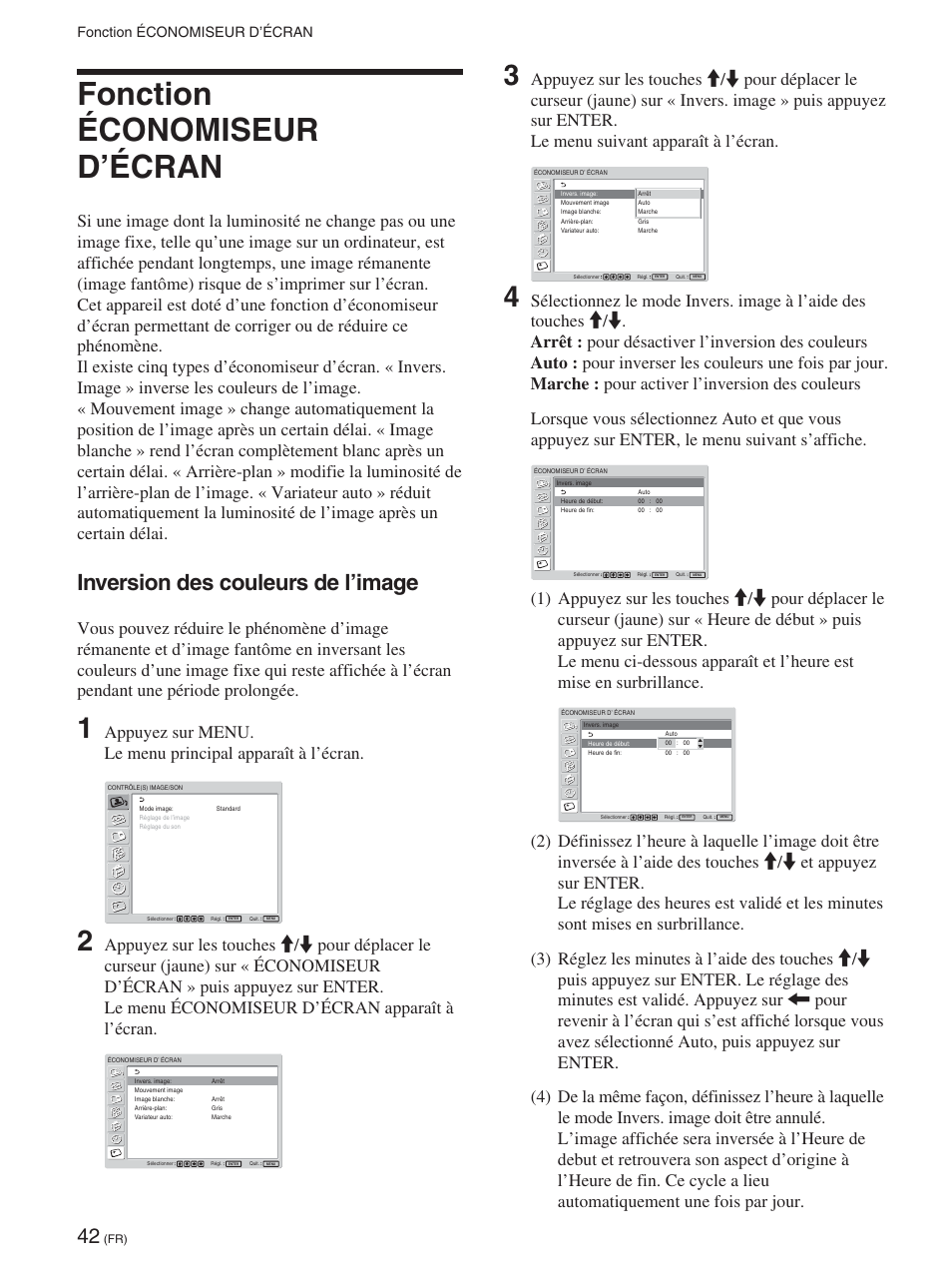 Fonction économiseur d’écran, Inversion des couleurs de l’image | Sony FWD-42PX2 User Manual | Page 140 / 352