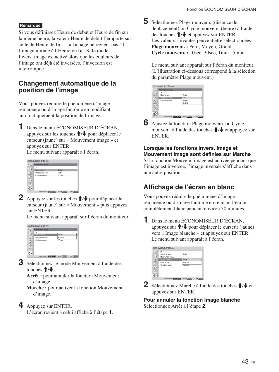 Changement automatique de la position de l’image, Affichage de l’écran en blanc | Sony FWD-42PX2 User Manual | Page 141 / 352
