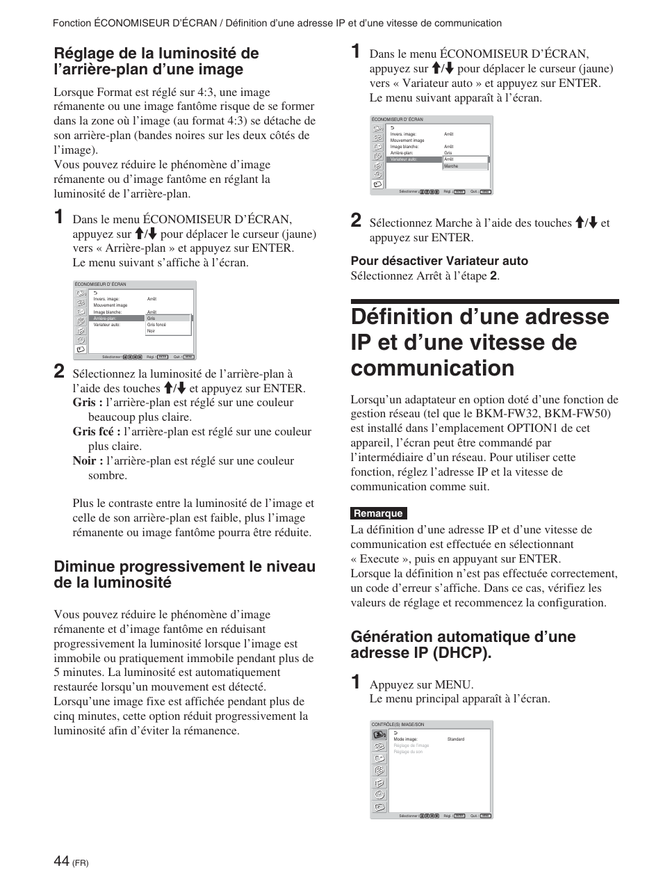 Diminue progressivement le niveau de la luminosité, Génération automatique d’une adresse ip (dhcp) | Sony FWD-42PX2 User Manual | Page 142 / 352