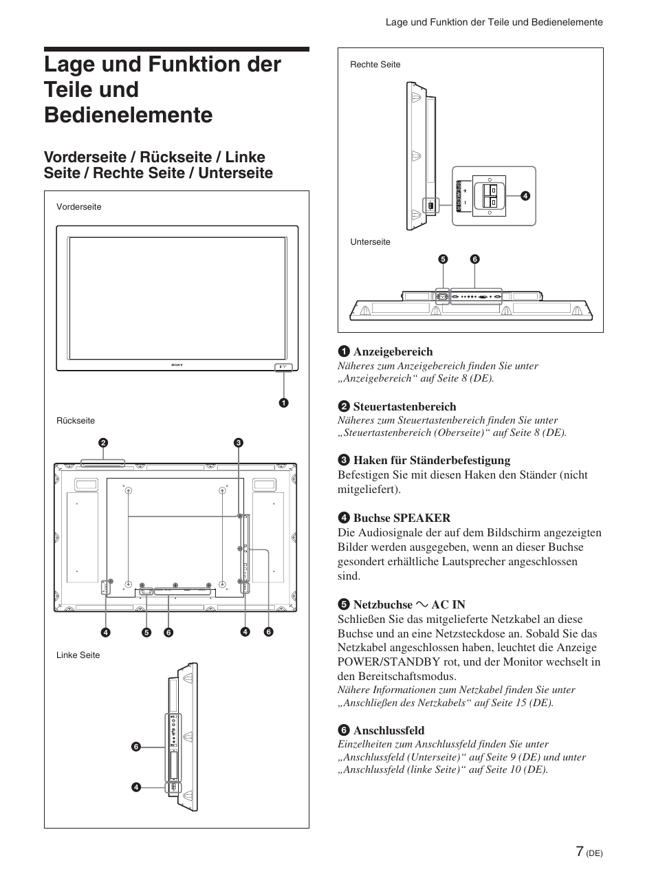 Lage und funktion der teile und bedienelemente | Sony FWD-42PX2 User Manual | Page 157 / 352