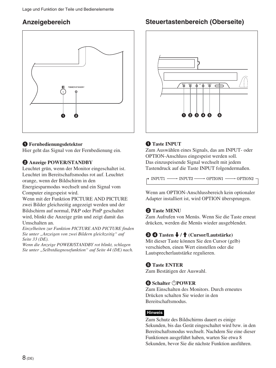 Anzeigebereich, Steuertastenbereich (oberseite) | Sony FWD-42PX2 User Manual | Page 158 / 352