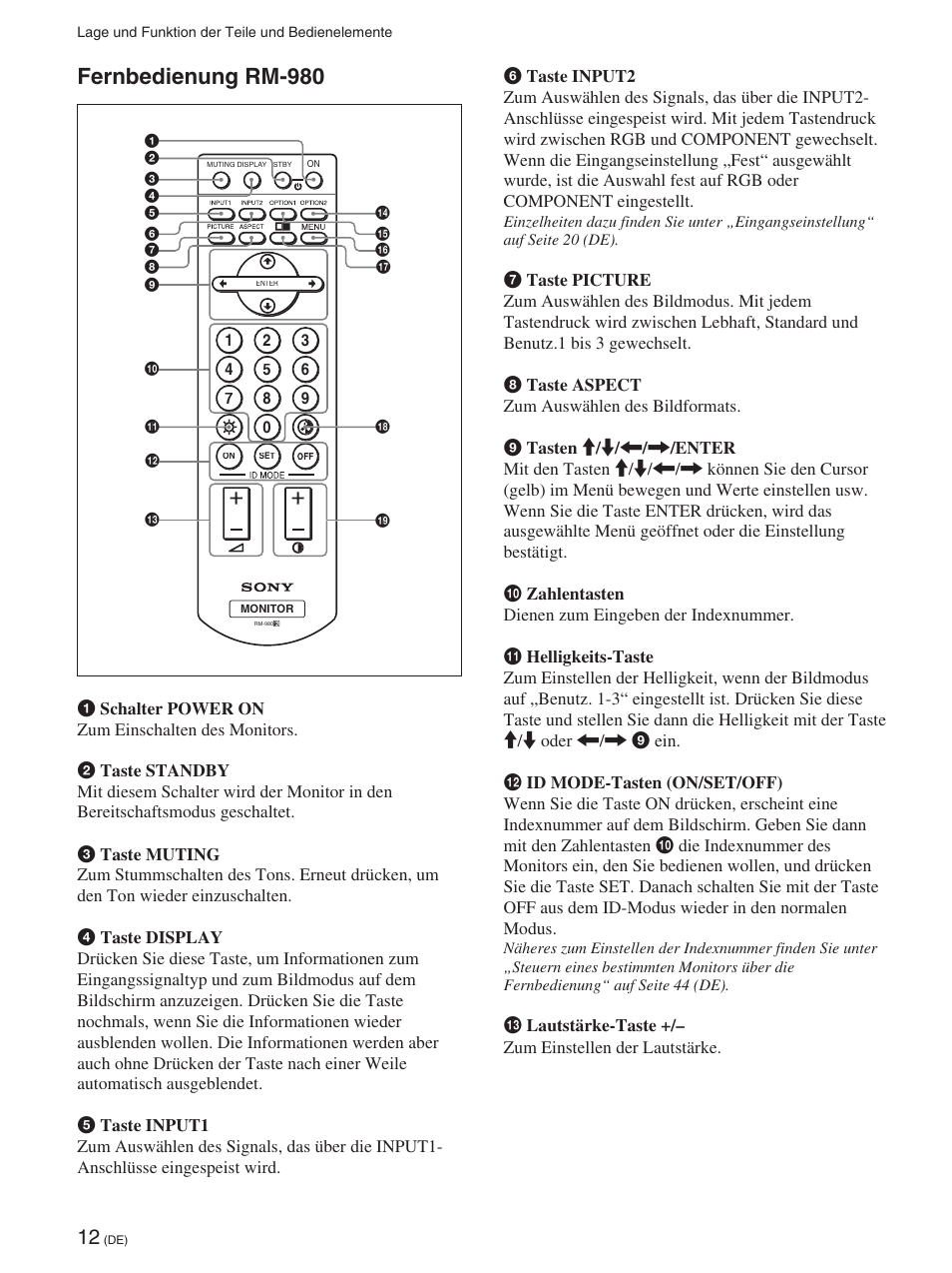 Fernbedienung rm-980 | Sony FWD-42PX2 User Manual | Page 162 / 352