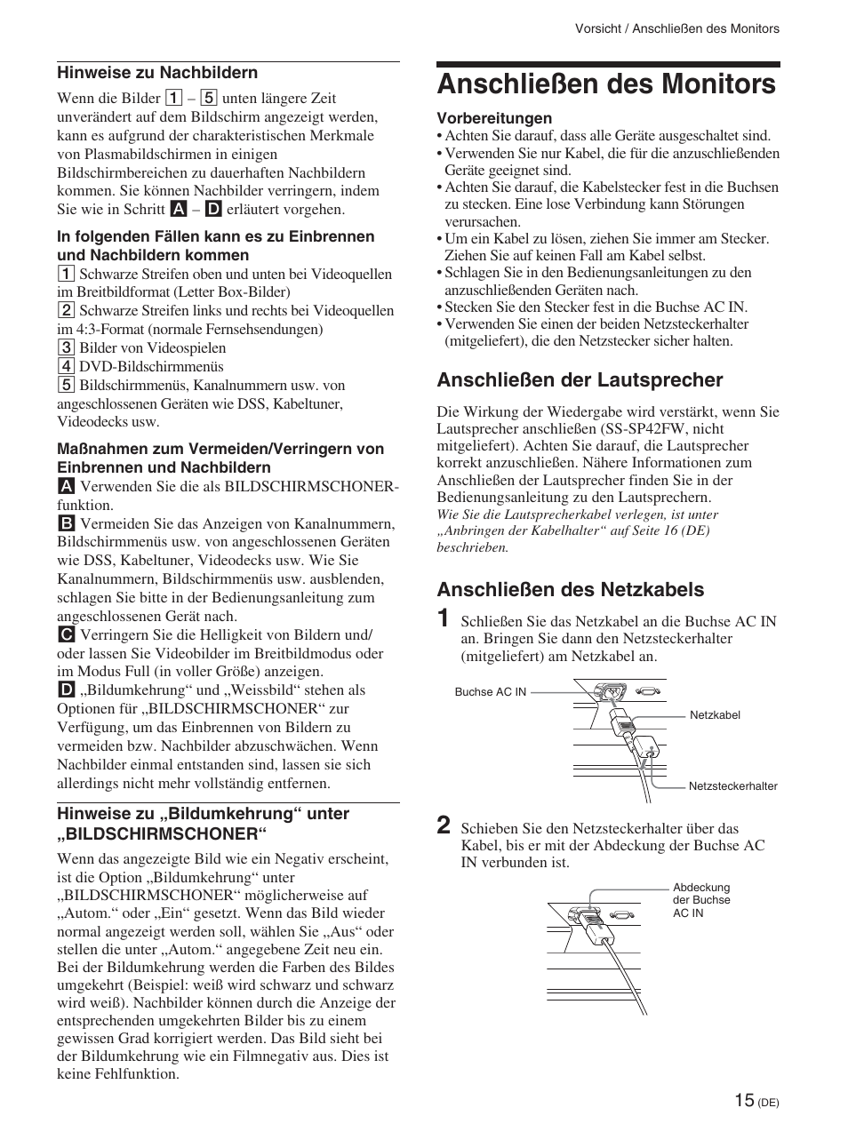 Anschließen des monitors, Anschließen der lautsprecher, Anschließen des netzkabels | Sony FWD-42PX2 User Manual | Page 165 / 352