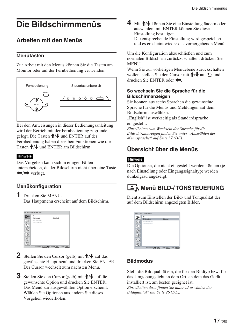 Die bildschirmmenüs, Arbeiten mit den menüs, Übersicht über die menüs | Menü bild-/ tonsteuerung, Menütasten, Menükonfiguration, Bildmodus | Sony FWD-42PX2 User Manual | Page 167 / 352