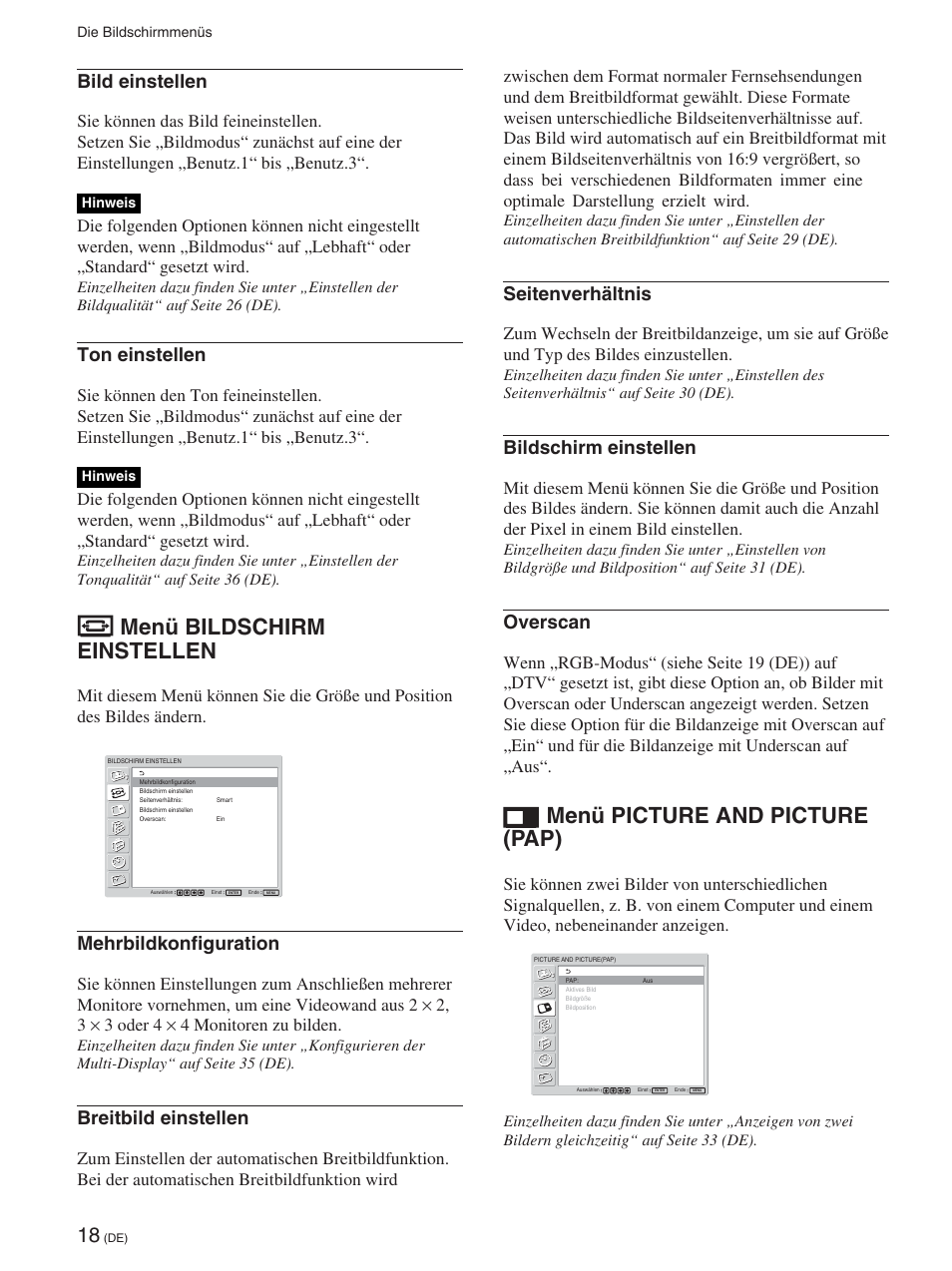 Menü bildschirm einstellen, Menü picture and picture (pap), Bild einstellen | Ton einstellen, Mehrbildkonfiguration, Breitbild einstellen, Seitenverhältnis, Bildschirm einstellen, Overscan | Sony FWD-42PX2 User Manual | Page 168 / 352