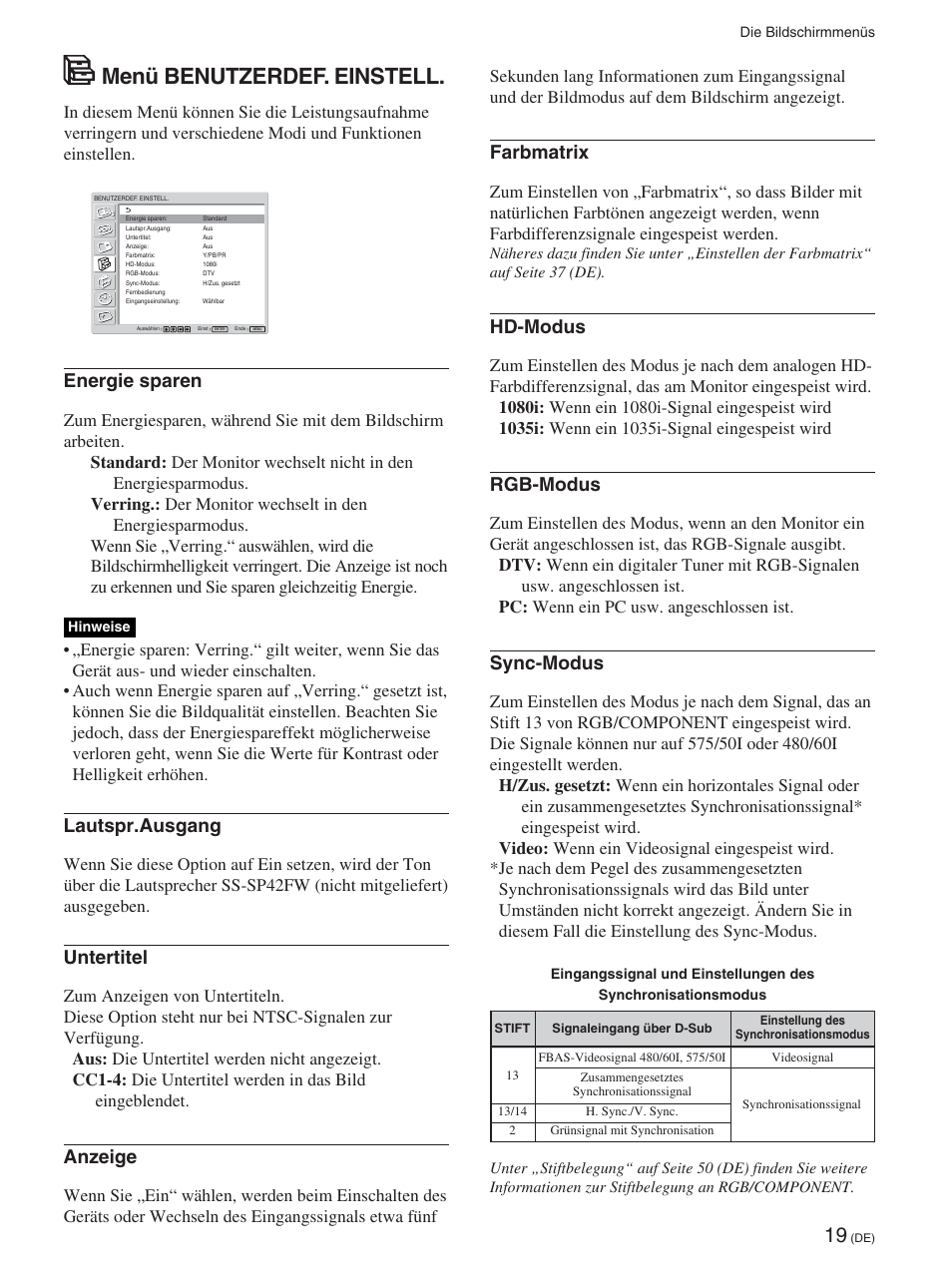 Menü benutzerdef. einstell, Farbmatrix, Hd-modus | Rgb-modus, Sync-modus, Energie sparen, Lautspr.ausgang, Untertitel, Anzeige | Sony FWD-42PX2 User Manual | Page 169 / 352