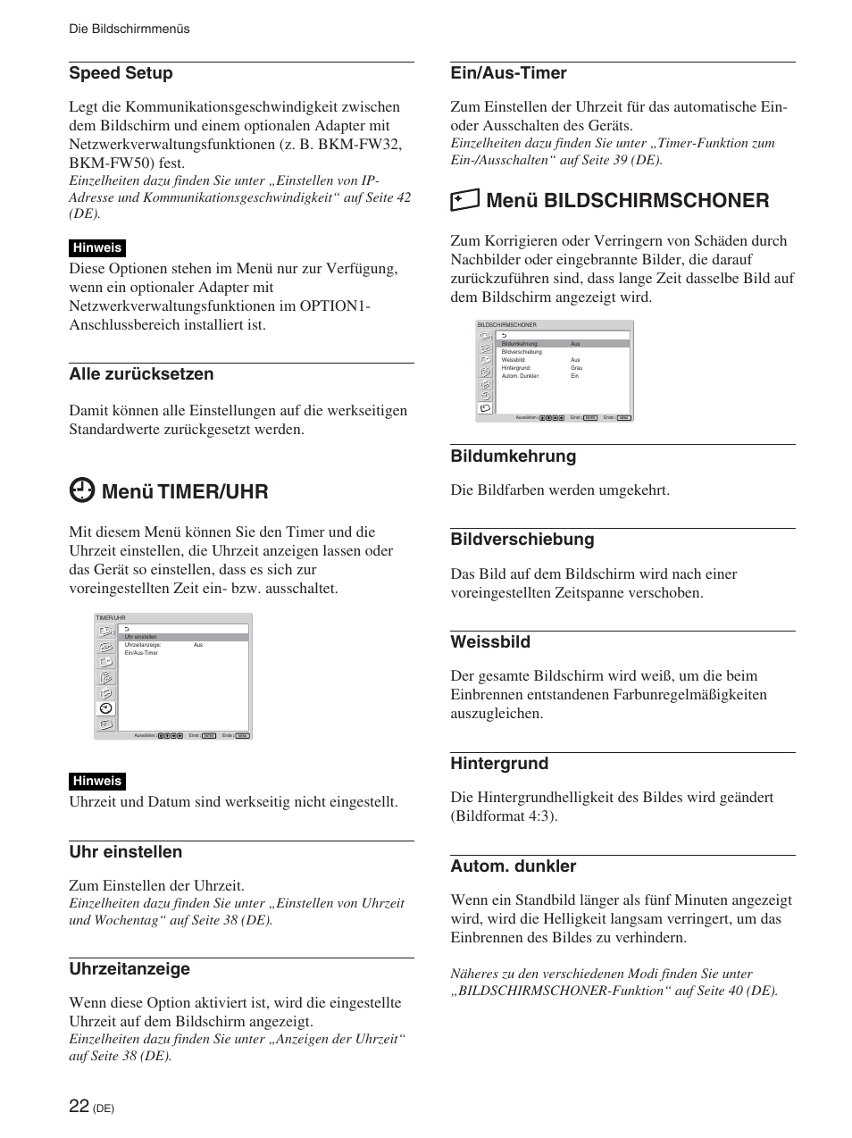 Menü timer/uhr, Menü bildschirmschoner, Speed setup | Alle zurücksetzen, Uhr einstellen, Uhrzeitanzeige, Ein/aus-timer, Bildumkehrung, Bildverschiebung, Weissbild | Sony FWD-42PX2 User Manual | Page 172 / 352