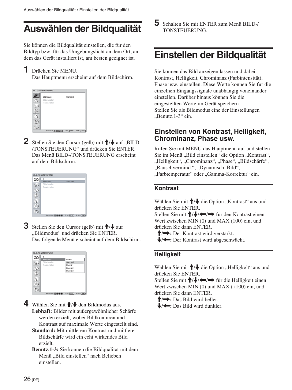 Auswählen der bildqualität, Einstellen der bildqualität, Kontrast | Helligkeit | Sony FWD-42PX2 User Manual | Page 176 / 352