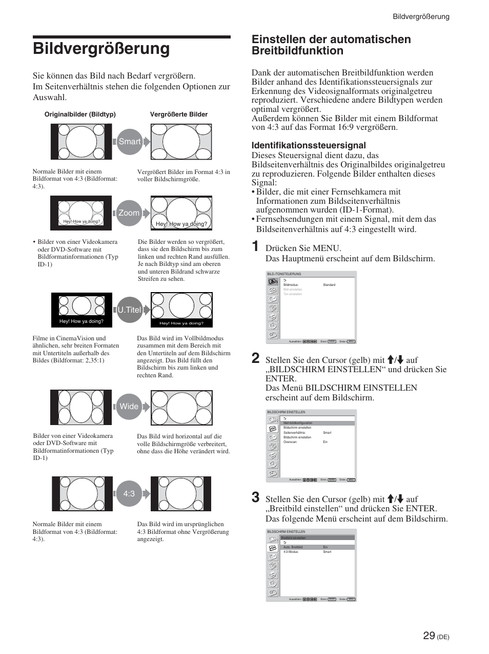 Bildvergrößerung, Einstellen der automatischen breitbildfunktion, Smart zoom | U.titel, Wide 4:3 | Sony FWD-42PX2 User Manual | Page 179 / 352