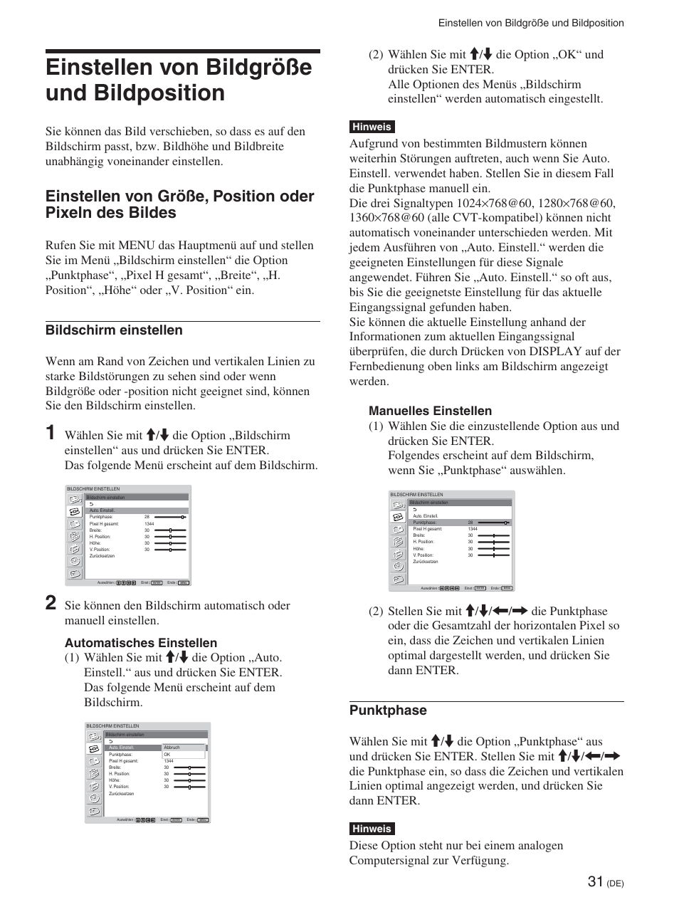 Einstellen von bildgröße und bildposition, Bildschirm einstellen, Punktphase | Hinweis | Sony FWD-42PX2 User Manual | Page 181 / 352