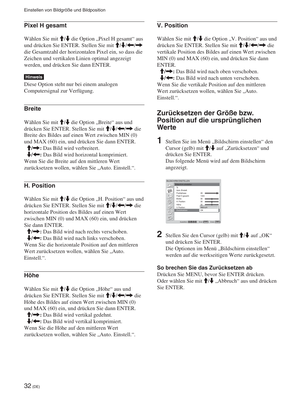 Pixel h gesamt, Breite, H. position | Höhe, V. position | Sony FWD-42PX2 User Manual | Page 182 / 352