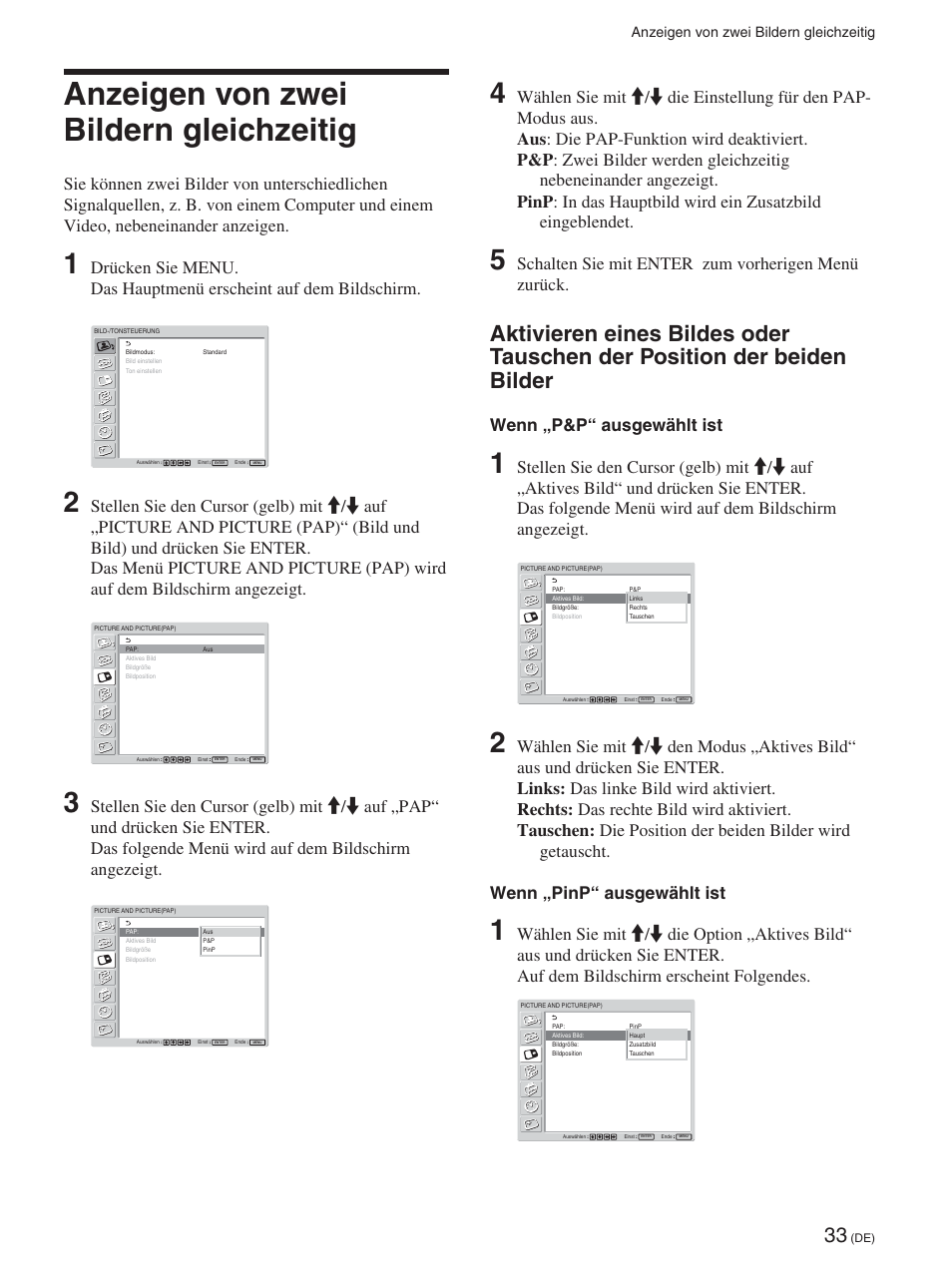 Anzeigen von zwei bildern gleichzeitig, Schalten sie mit enter zum vorherigen menü zurück, Wenn „p&p“ ausgewählt ist | Sony FWD-42PX2 User Manual | Page 183 / 352
