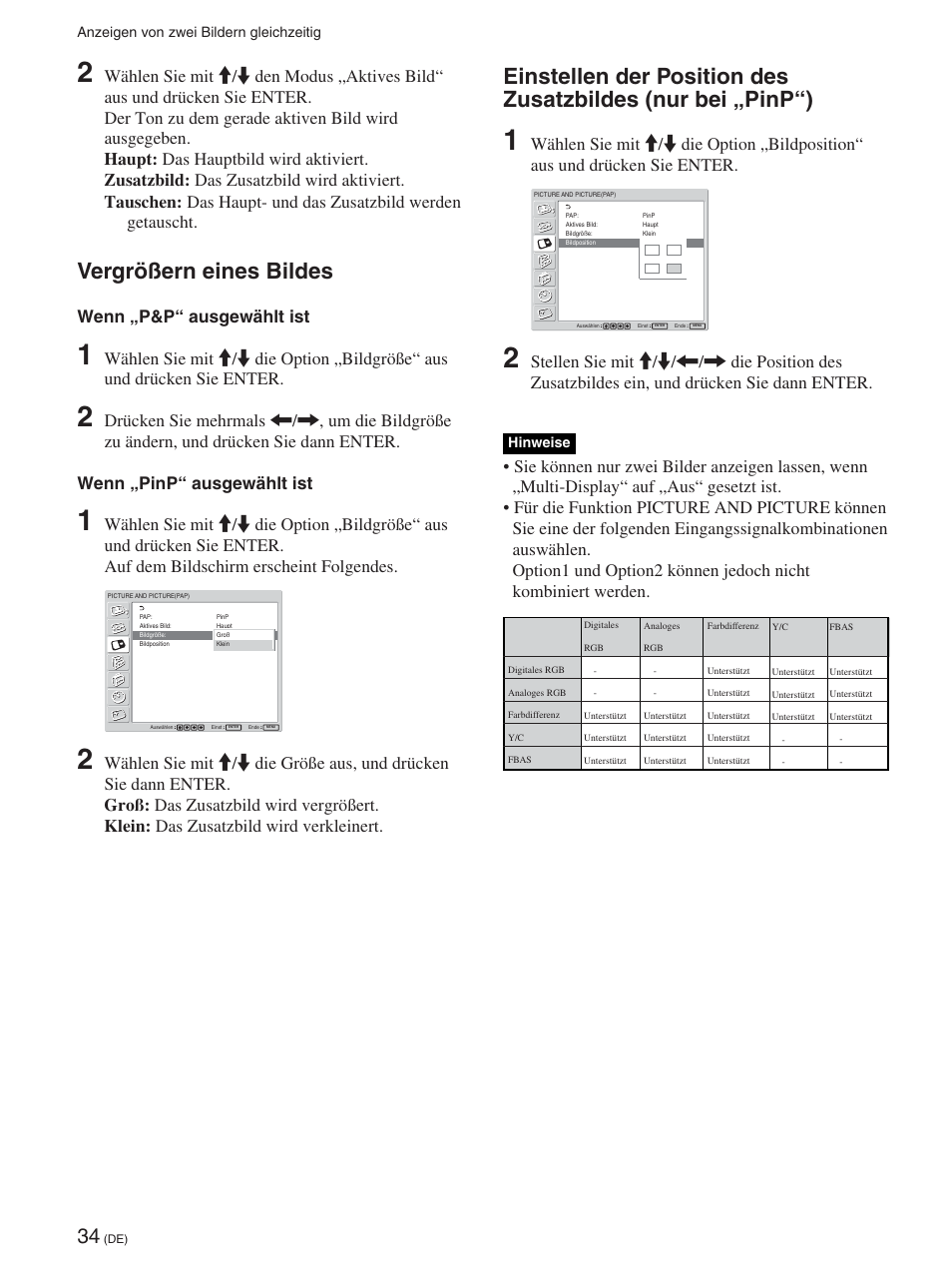 Vergrößern eines bildes, Wenn „p&p“ ausgewählt ist | Sony FWD-42PX2 User Manual | Page 184 / 352