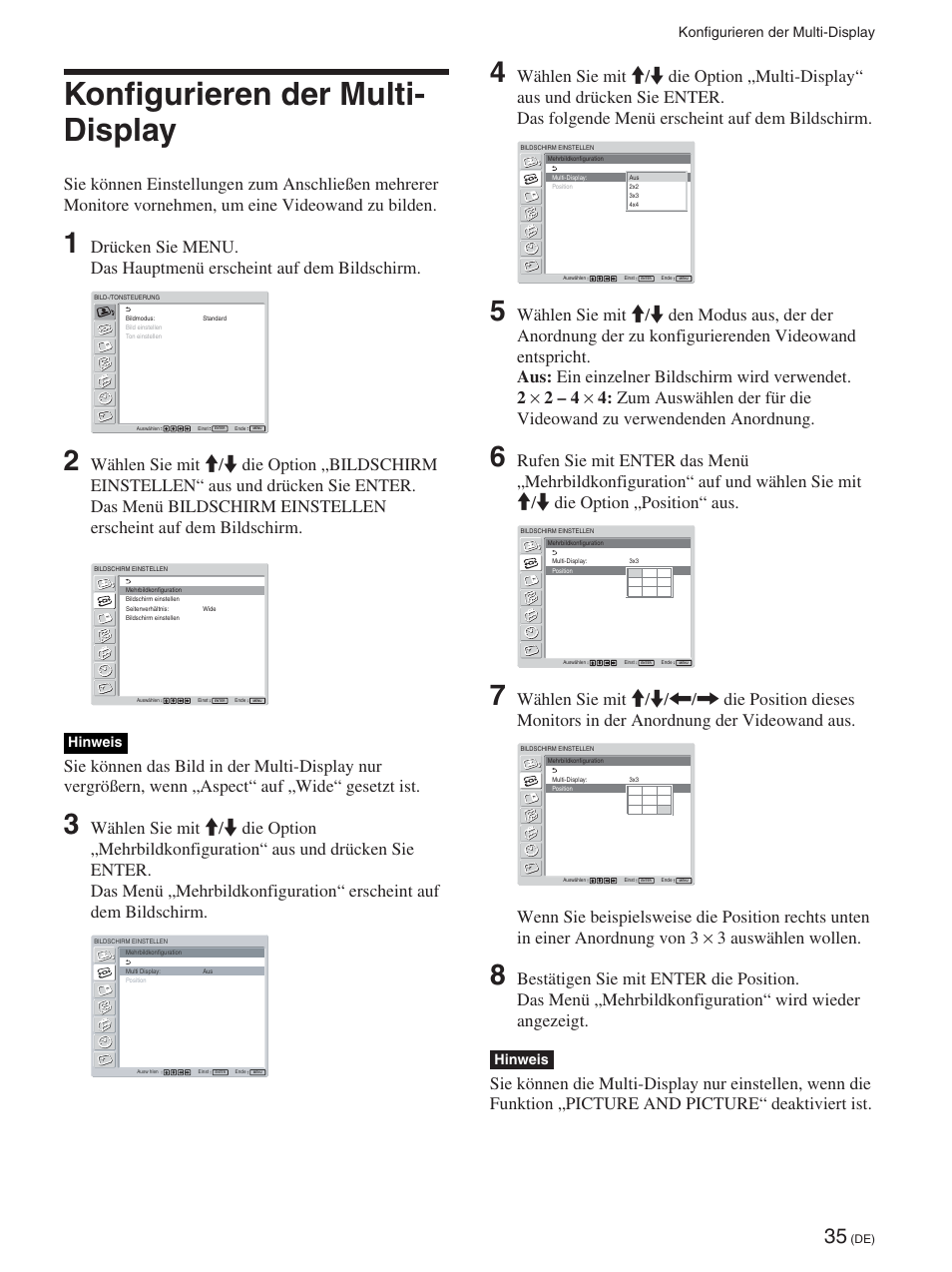 Konfigurieren der multi-display, Konfigurieren der multi- display, Hinweis | Sony FWD-42PX2 User Manual | Page 185 / 352