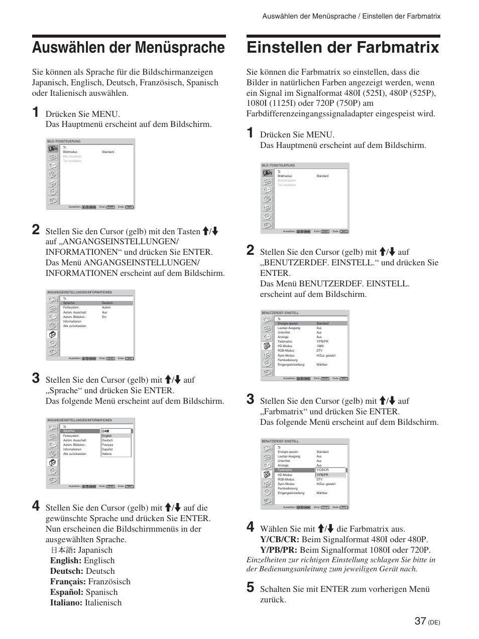 Auswählen der menüsprache, Einstellen der farbmatrix, Schalten sie mit enter zum vorherigen menü zurück | Sony FWD-42PX2 User Manual | Page 187 / 352