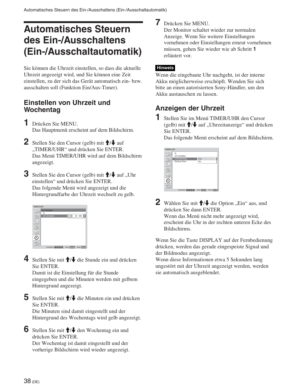 Einstellen von uhrzeit und wochentag, Anzeigen der uhrzeit | Sony FWD-42PX2 User Manual | Page 188 / 352
