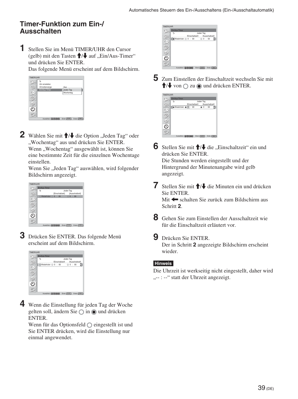 Timer-funktion zum ein-/ausschalten, Timer-funktion zum ein-/ ausschalten, Hinweis | Sony FWD-42PX2 User Manual | Page 189 / 352