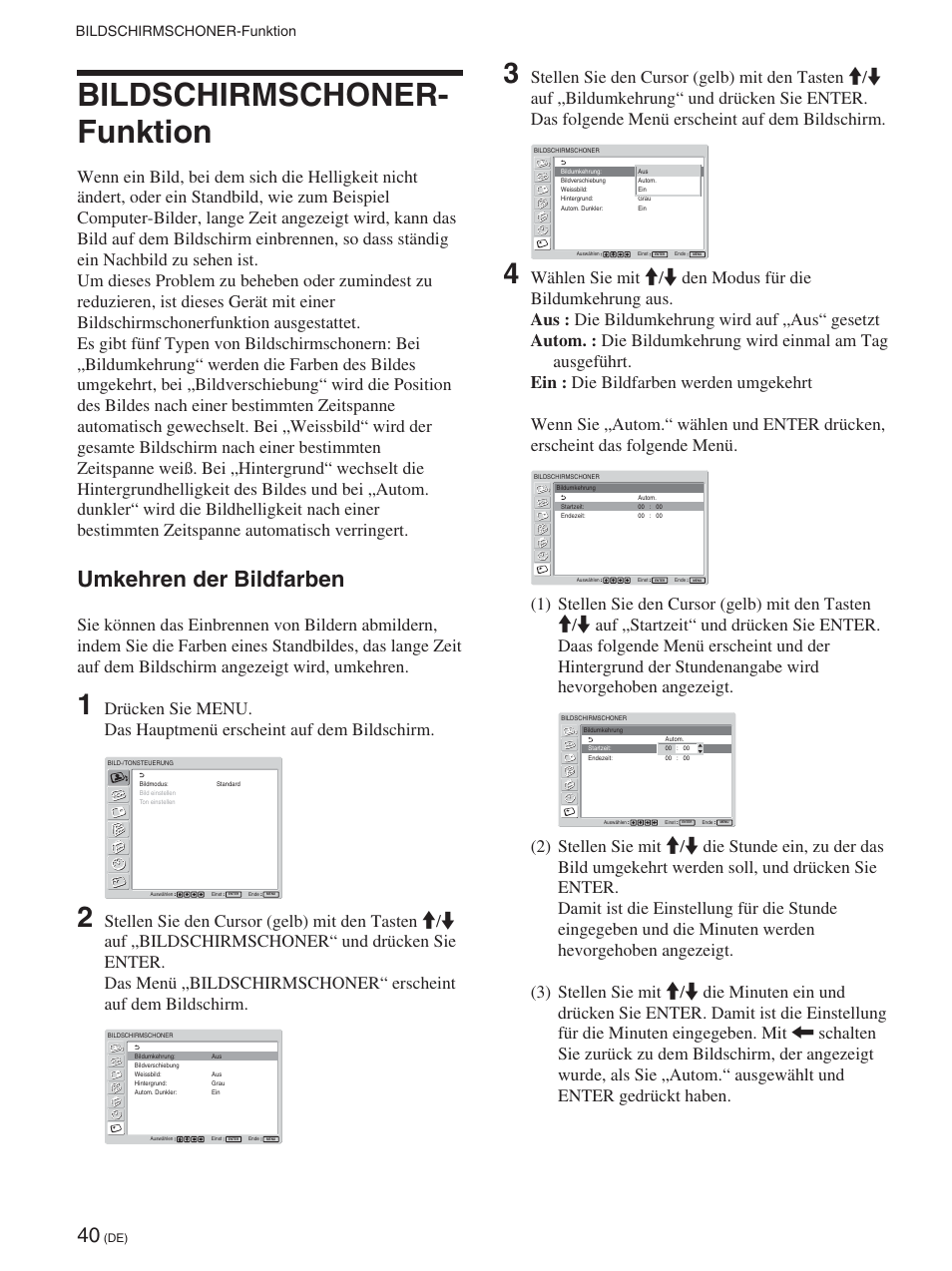 Bildschirmschoner-funktion, Umkehren der bildfarben, Bildschirmschoner- funktion | Sony FWD-42PX2 User Manual | Page 190 / 352