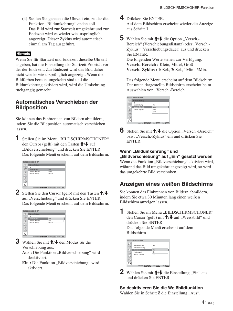 Automatisches verschieben der bildposition, Anzeigen eines weißen bildschirms | Sony FWD-42PX2 User Manual | Page 191 / 352