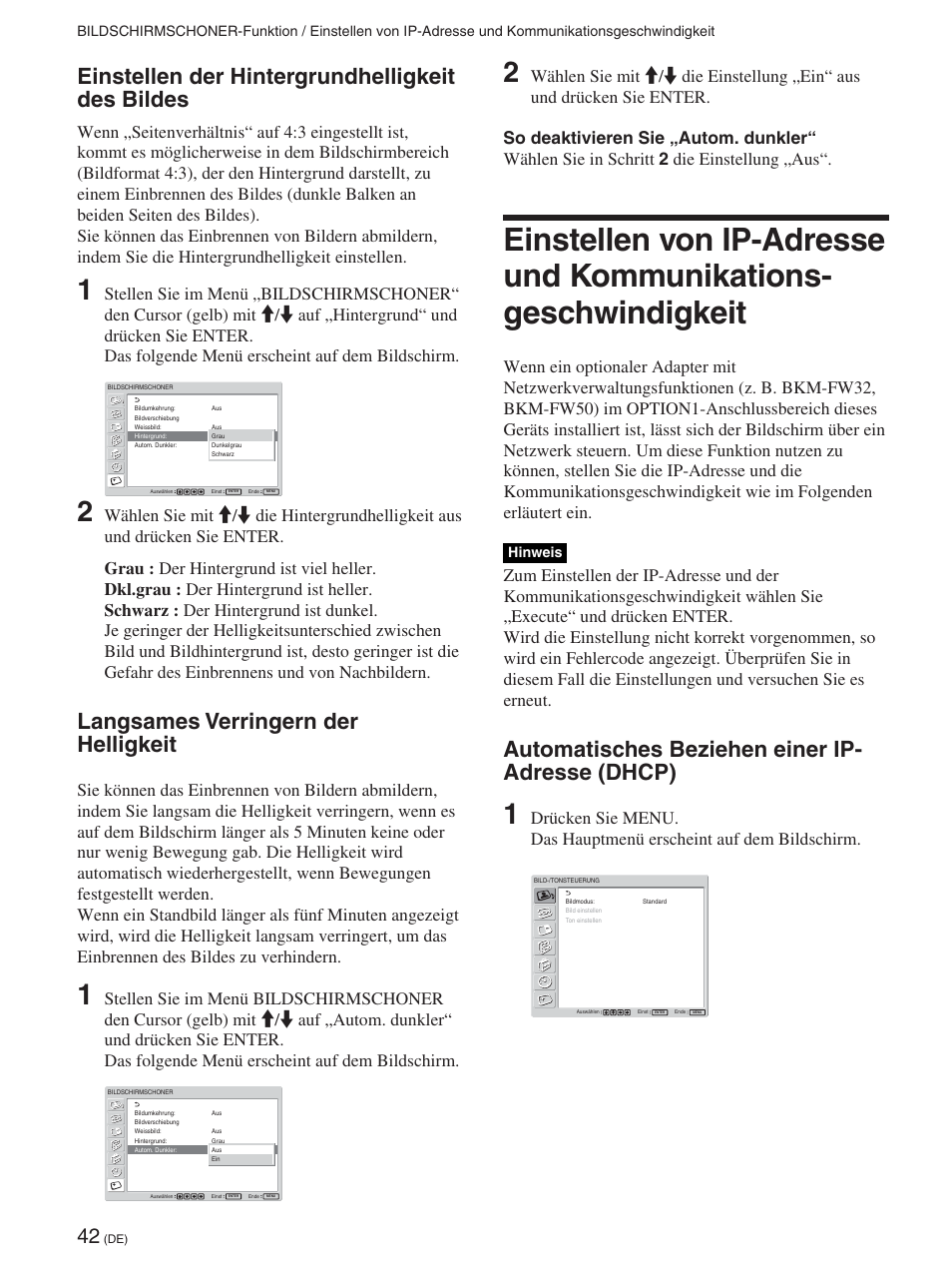 Einstellen der hintergrundhelligkeit des bildes, Langsames verringern der helligkeit, Automatisches beziehen einer ipadresse (dhcp) | Automatisches beziehen einer ip- adresse (dhcp) | Sony FWD-42PX2 User Manual | Page 192 / 352