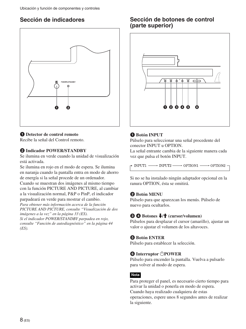 Sección de indicadores, Sección de botones de control (parte superior) | Sony FWD-42PX2 User Manual | Page 208 / 352