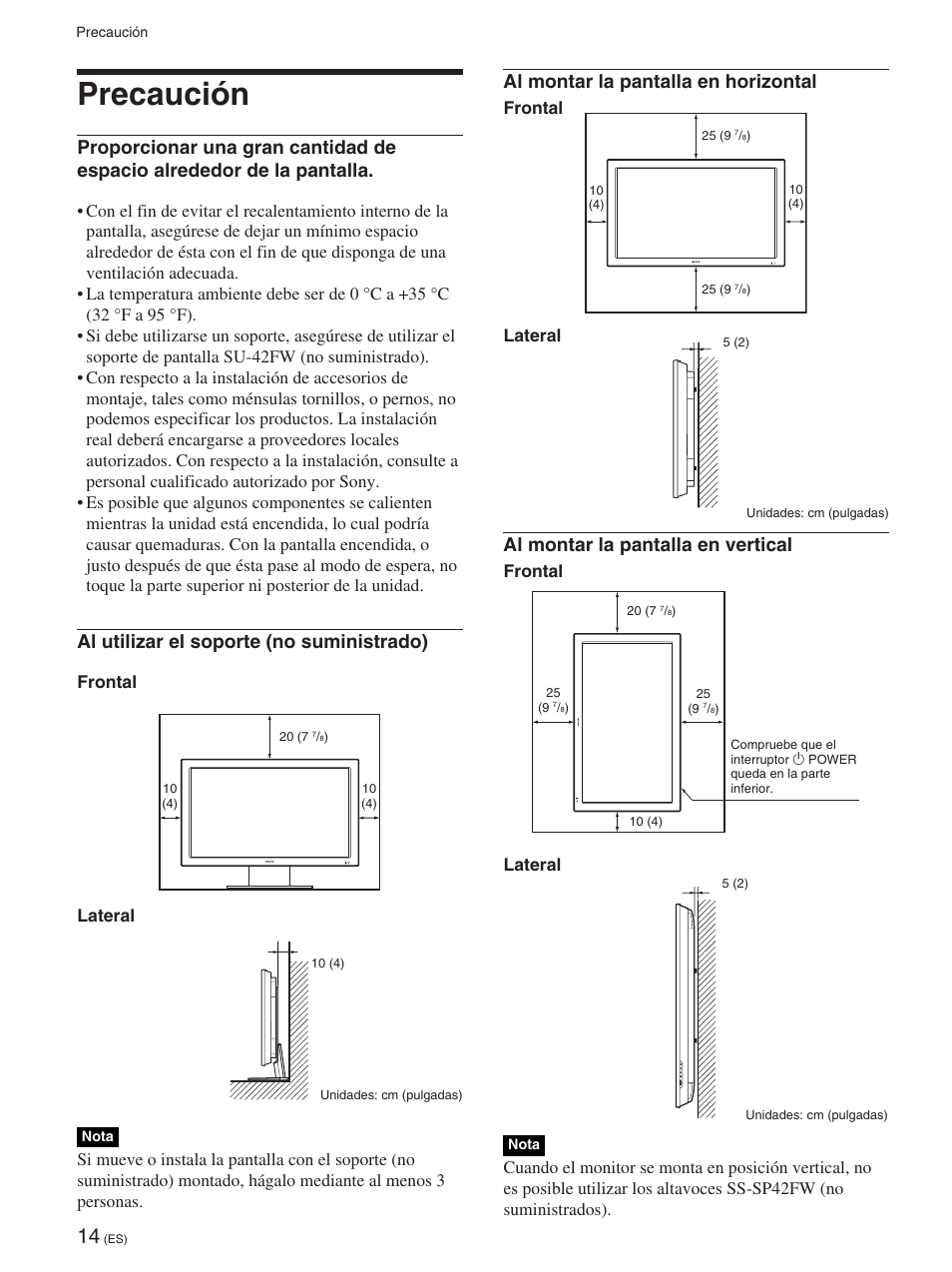 Precaución, Al utilizar el soporte (no suministrado), Al montar la pantalla en horizontal | Al montar la pantalla en vertical, Frontal lateral | Sony FWD-42PX2 User Manual | Page 214 / 352