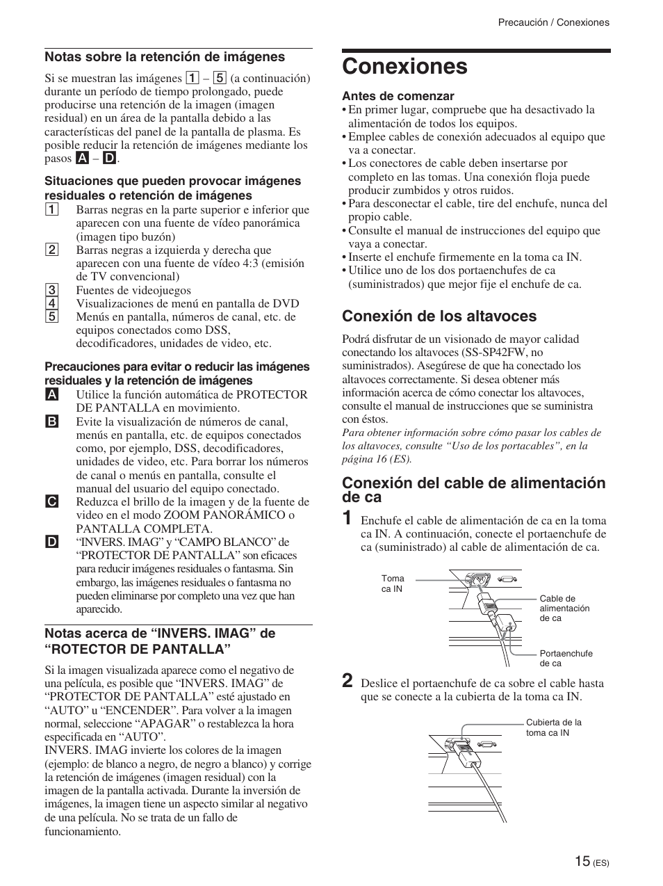 Conexiones, Conexión de los altavoces, Conexión del cable de alimentación de ca | Sony FWD-42PX2 User Manual | Page 215 / 352