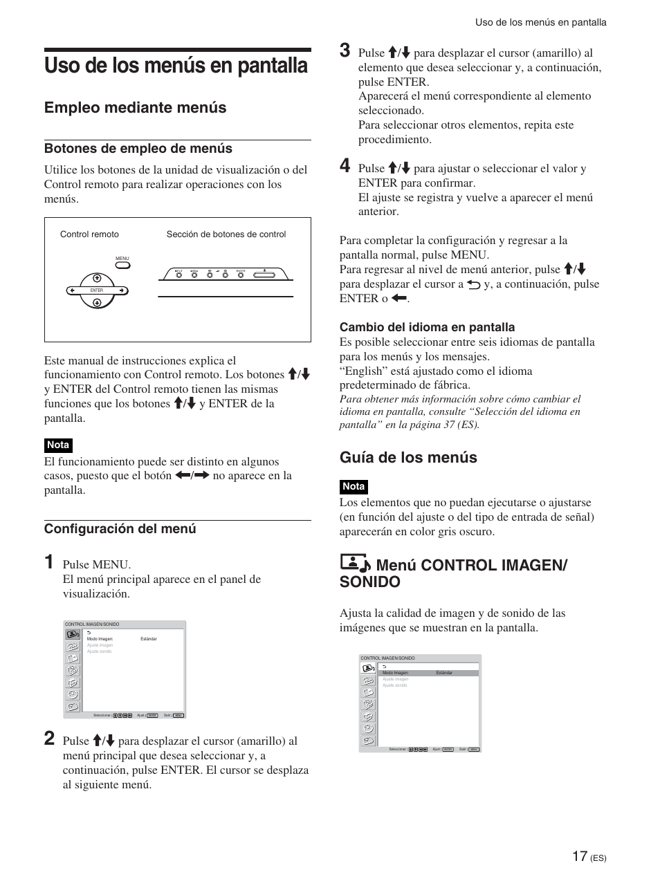 Uso de los menús en pantalla, Empleo mediante menús, Guía de los menús | Menú control imagen/ sonido, Botones de empleo de menús, Configuración del menú | Sony FWD-42PX2 User Manual | Page 217 / 352