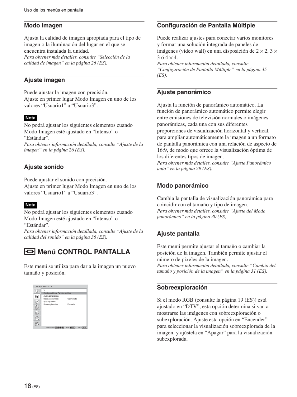 Menú control pantalla, Modo imagen, Ajuste imagen | Ajuste sonido, Configuración de pantalla múltiple, Ajuste panorámico, Modo panorámico, Ajuste pantalla, Sobreexploración | Sony FWD-42PX2 User Manual | Page 218 / 352